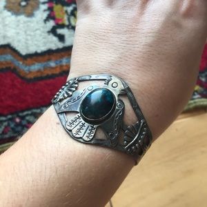 Vintage Sterling and Turquoise Thunderbird Cuff